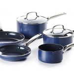 5 blue sauce pans with white background