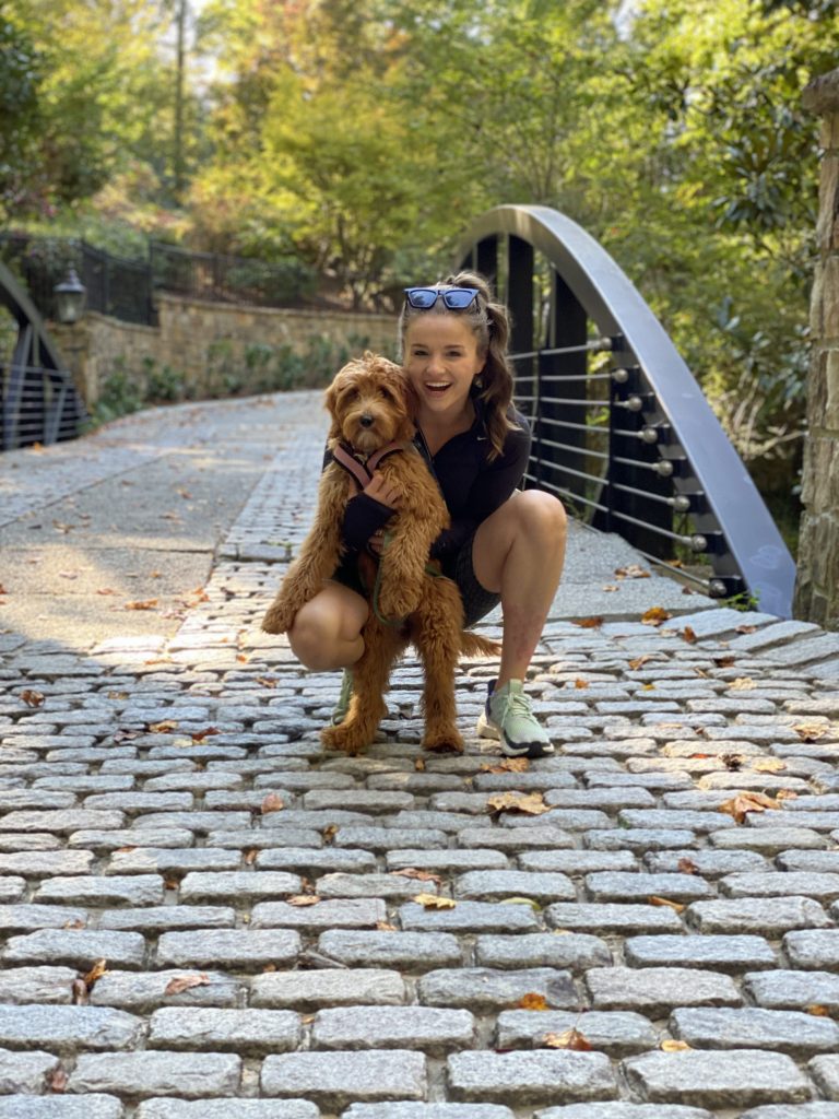 happy girl walking with her puppy near a cobblestone bridge