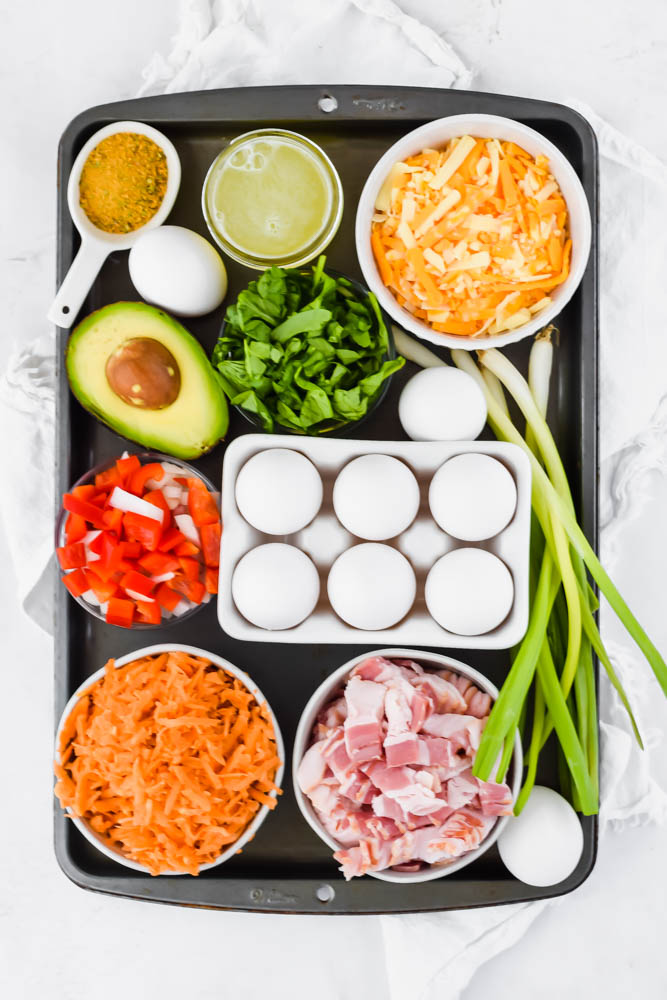 overhead image of vegetables for bacon sweet potato and egg breakfast casserole