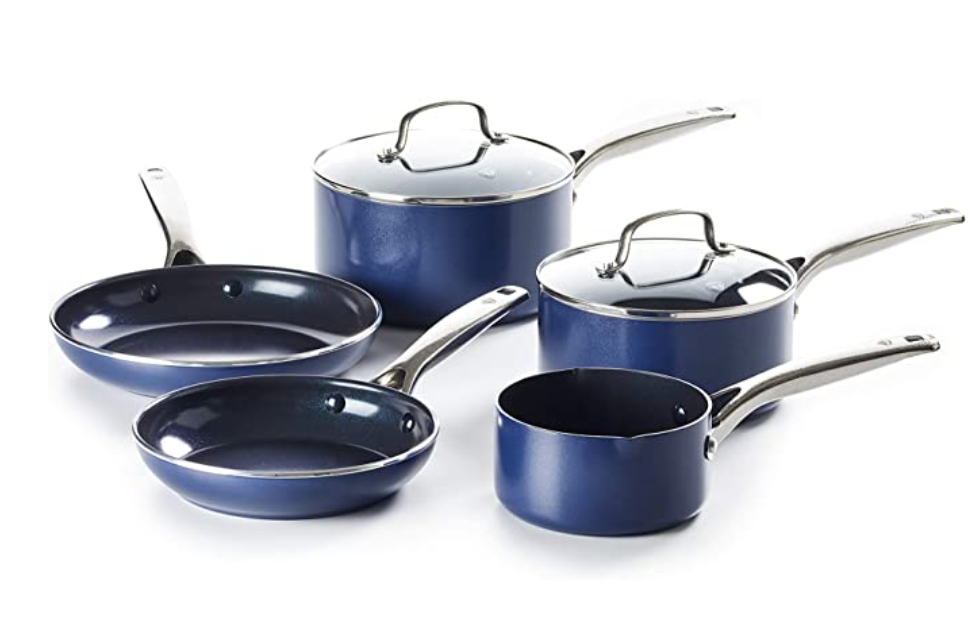 5 blue sauce pans with white background
