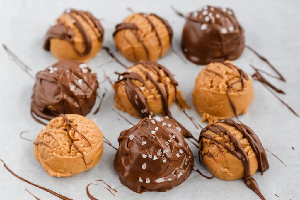 close up of chocolate peanut butter truffles