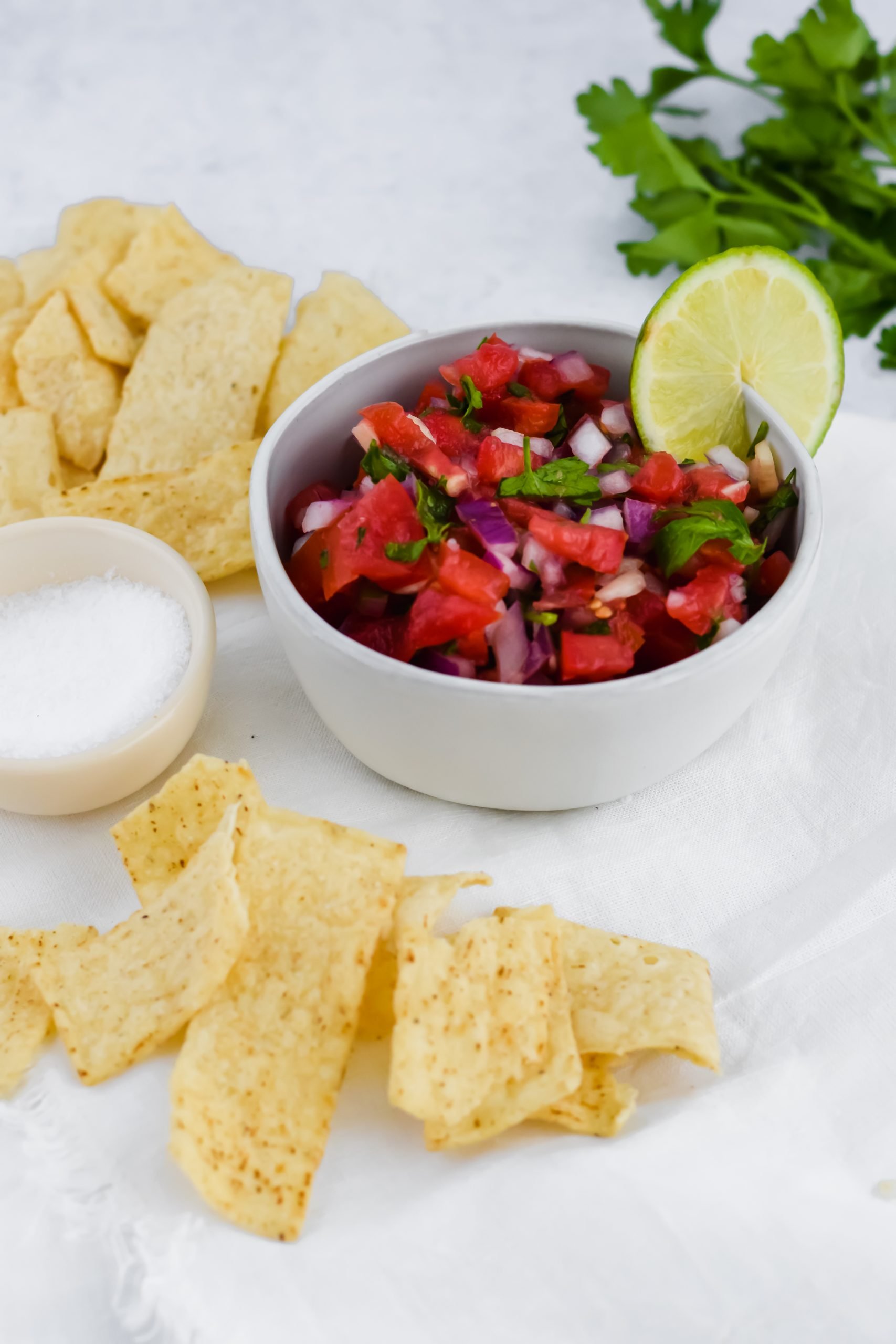 Bowl of Pico de Gallo with a slice of lime and tortilla chips
