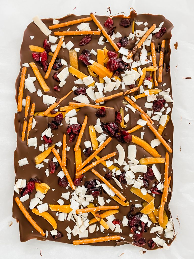 Uncracked chocolate bark with pretzels, dried fruit, and coconut shavings