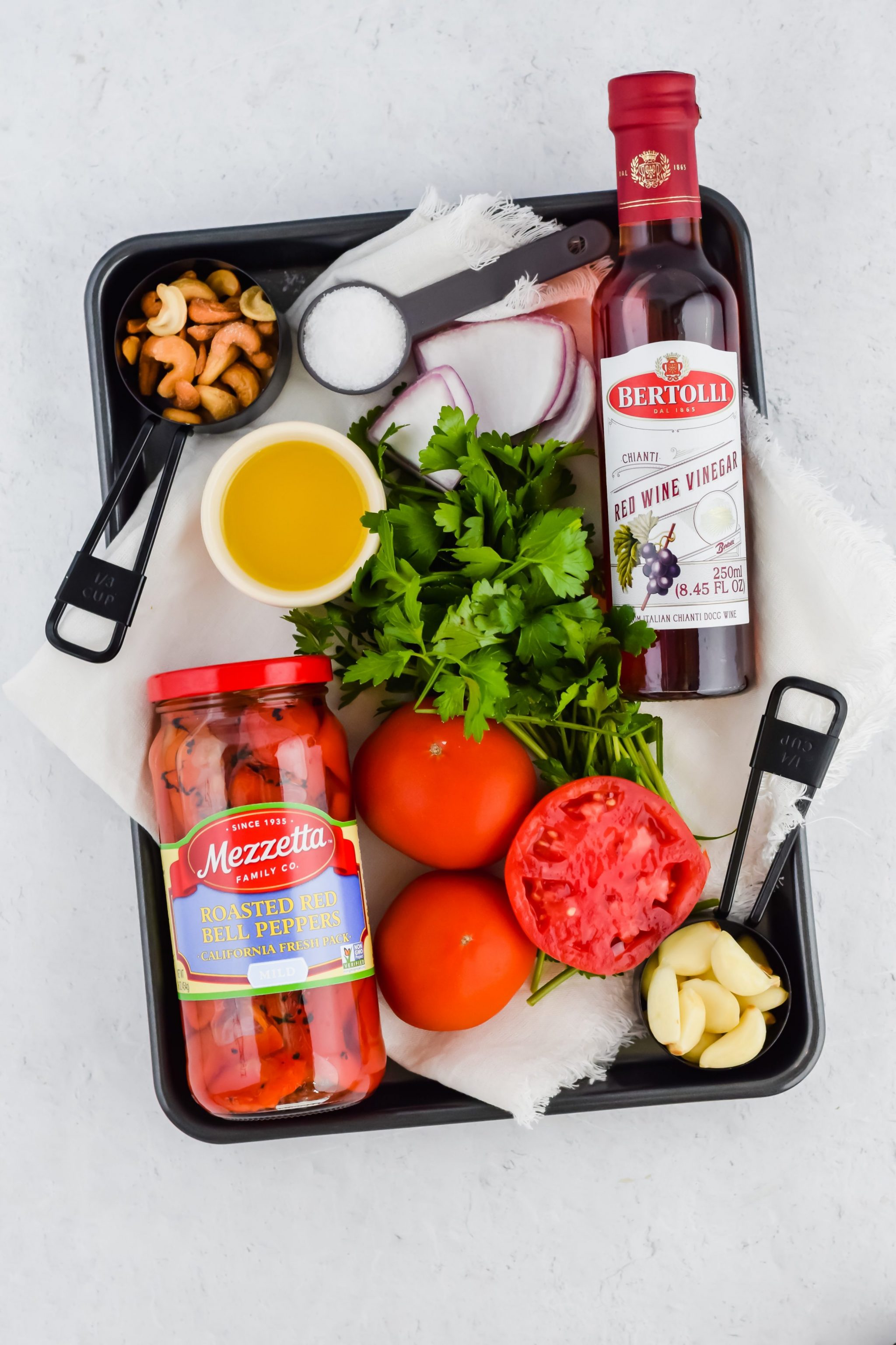 sheet pan tray that has all of the romesco dip ingredients included