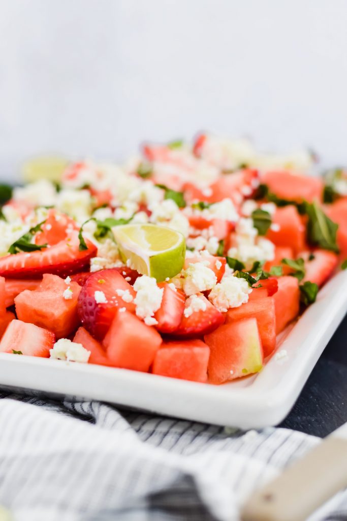 Watermelon Mint Feta Salad on a white serving tray
