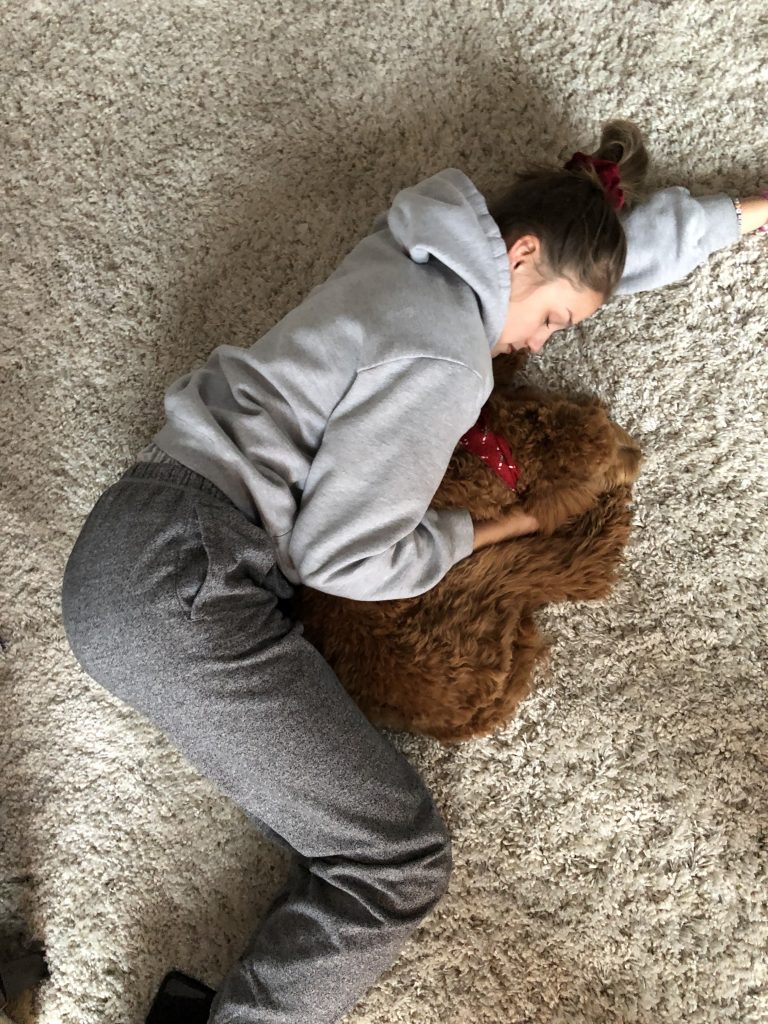 girl spooning dog on a while rug