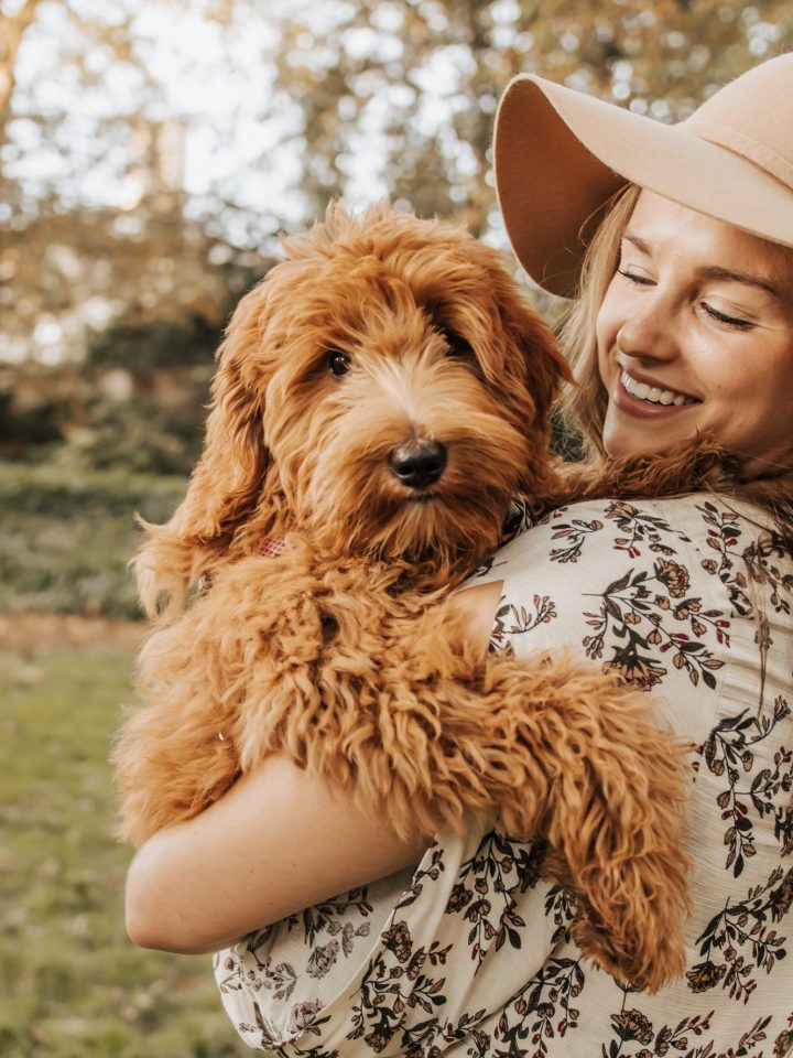 girl in sundress and sunhat holding her puppy, smiling at her