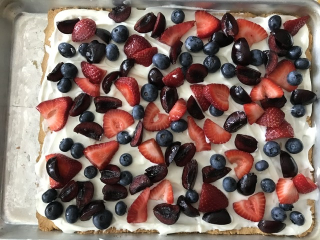 recipe remake featuring sheet pan fruit pizza with fresh fruit and frosting