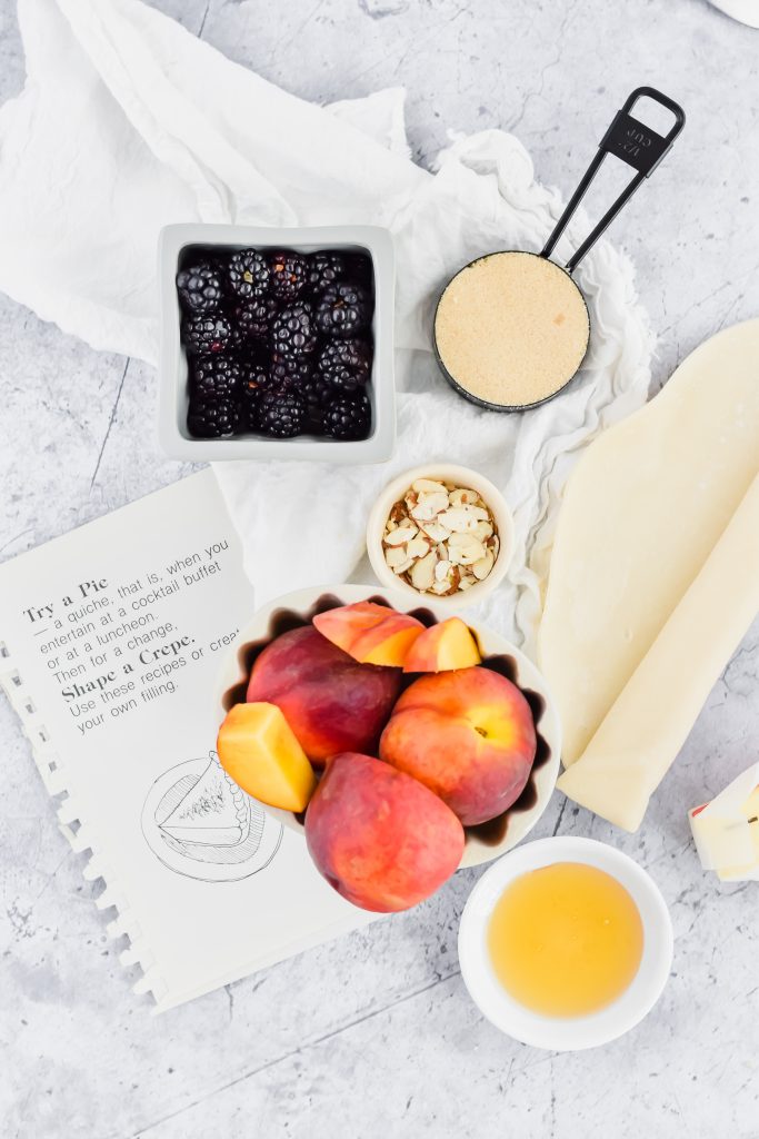 flat lay of ingredients needed for Peach Blackberry Galette