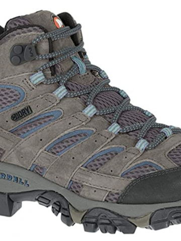 grey and blue hiking boots for women on white background