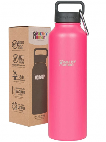pink waterbottle with cardboard box on white background