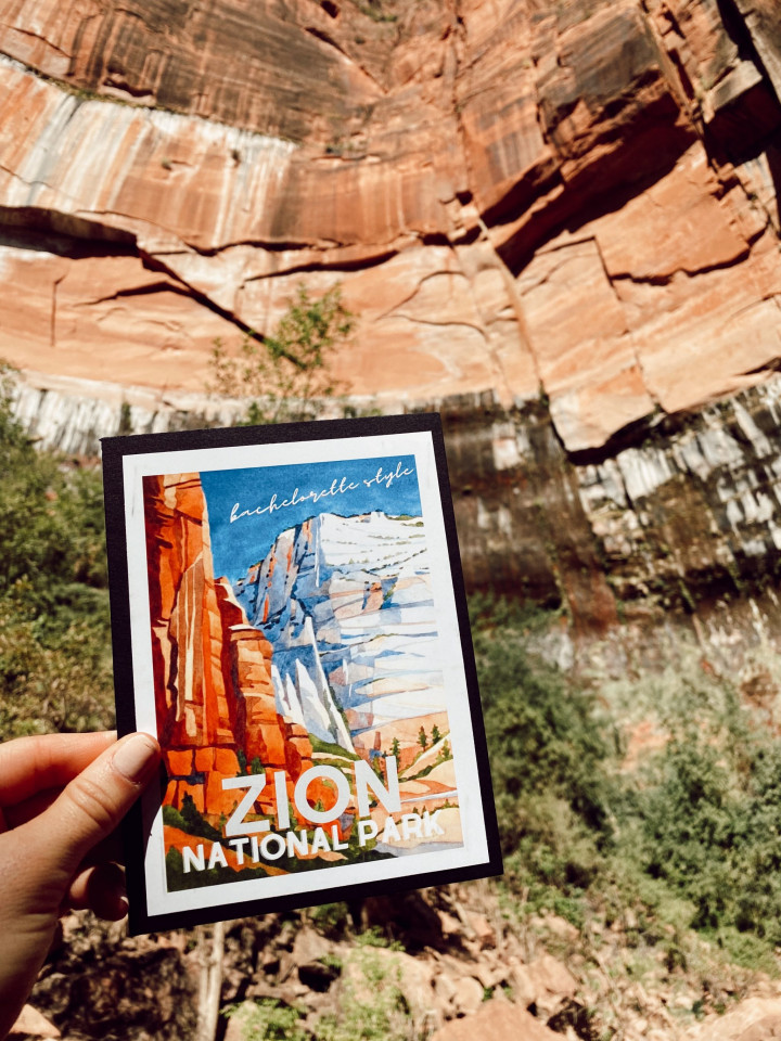 hand holding Zion National Park poster in front of mountains