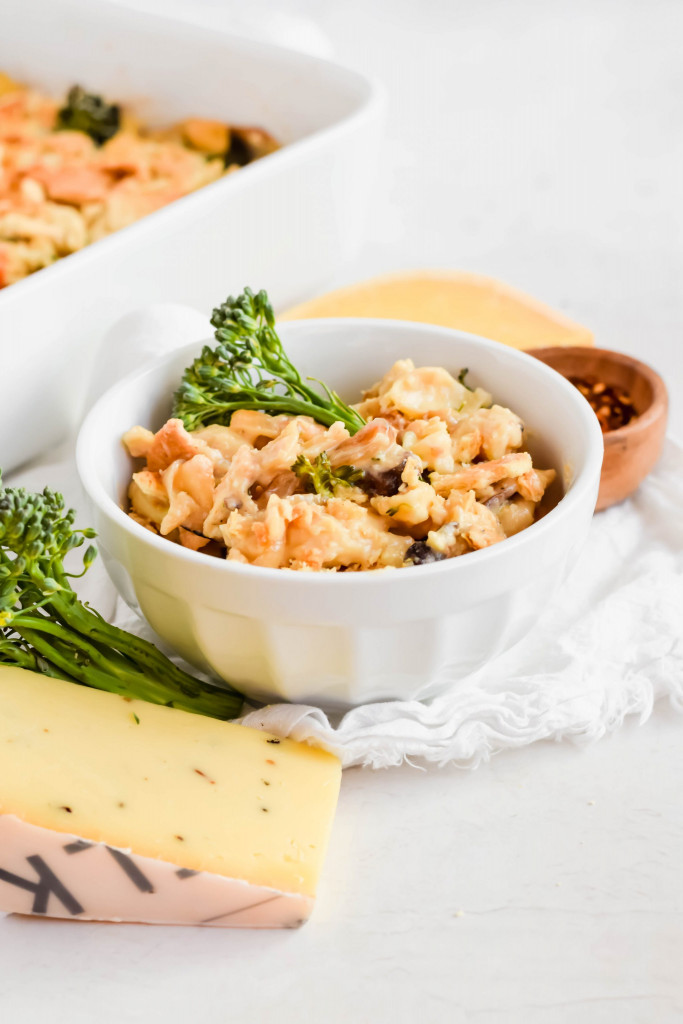 Side view of a bowl of Gouda and Roasted Vegetable Mac and Cheese.