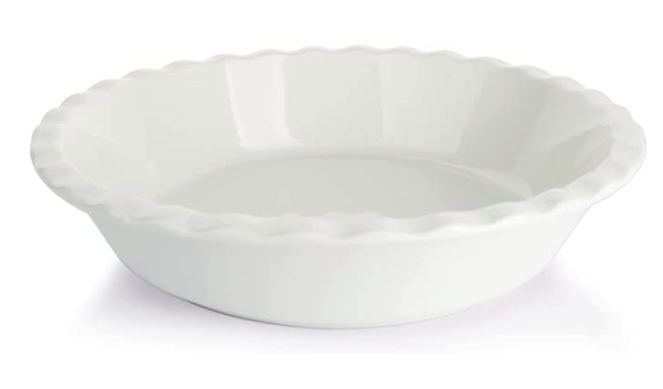 white ceramic pie dish on white background