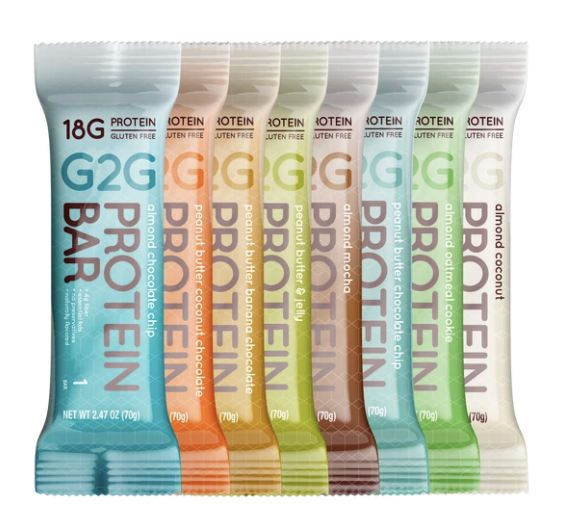 line up of G2G Protein bars