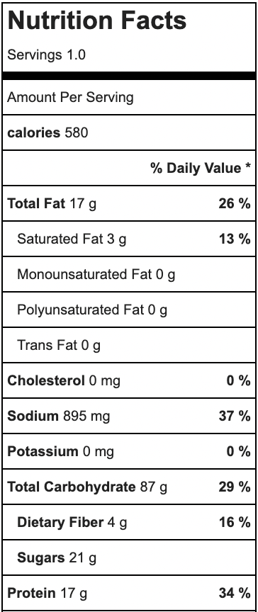 grilled PB&J nutrition label