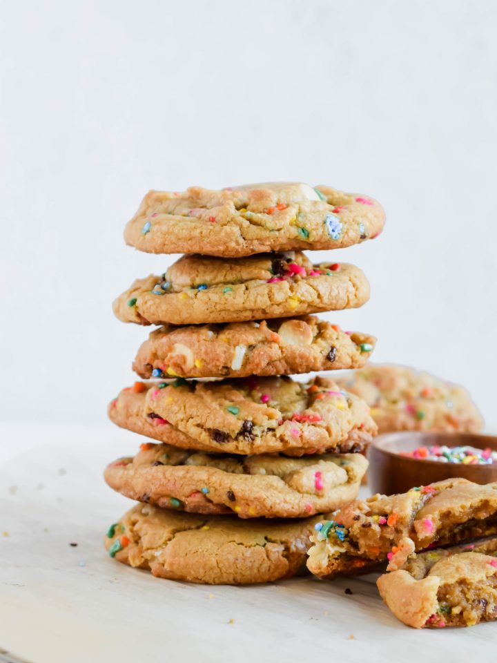 Stack of six Funfetti Chip Cookies.