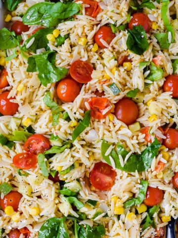 prepared roasted close up shot of roasted tomato and goat cheese orzo pasta salad garnished with fresh spinach.