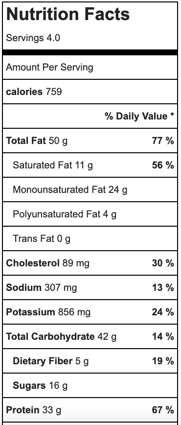 Chimichurri Steak Salad nutrition label.