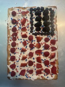 american flag fruit pizza on a sheet pan