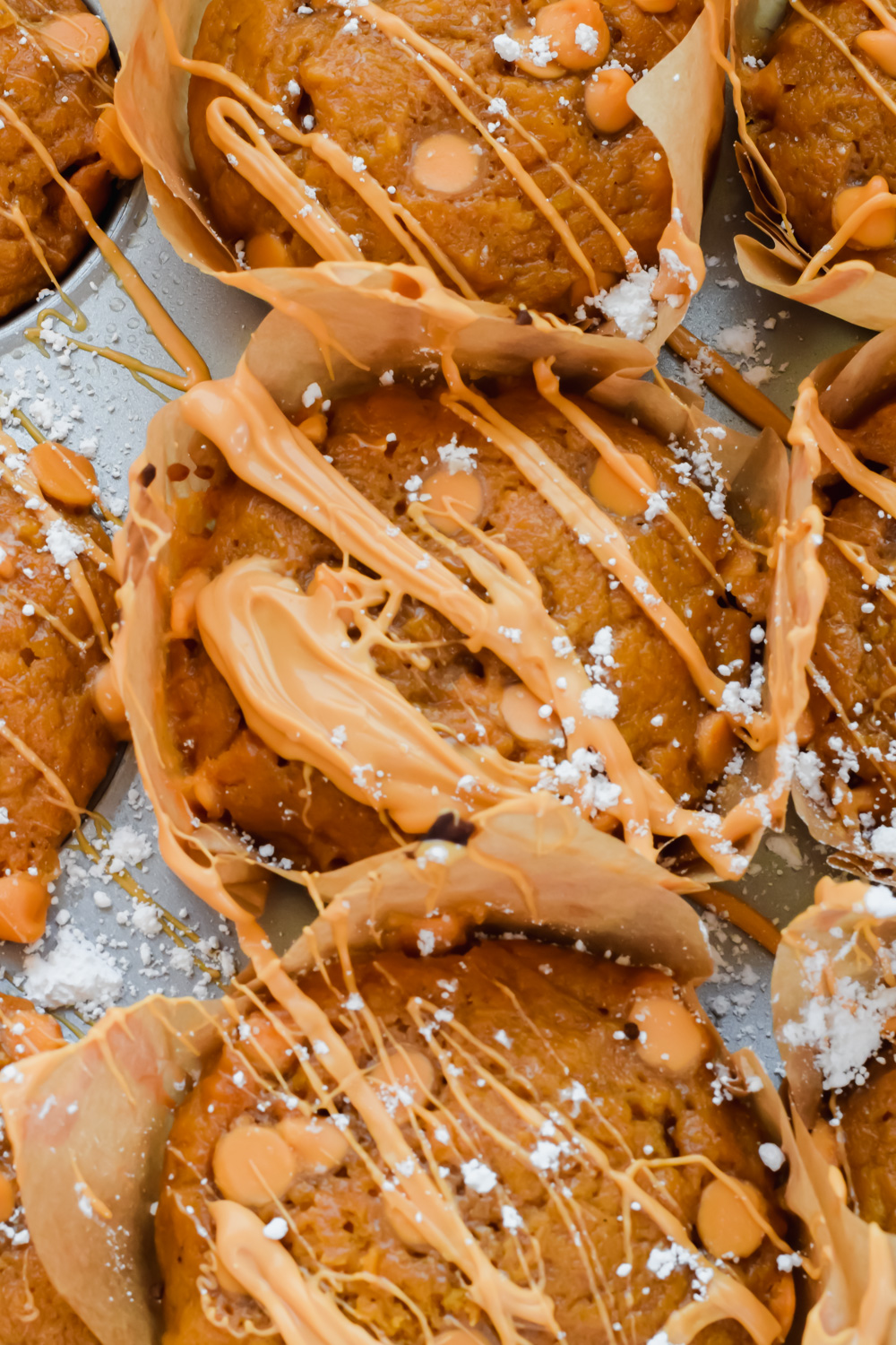butterscotch pumpkin muffins in baking tin drizzled with extra butterscotch and dusted with powdered sugar.
