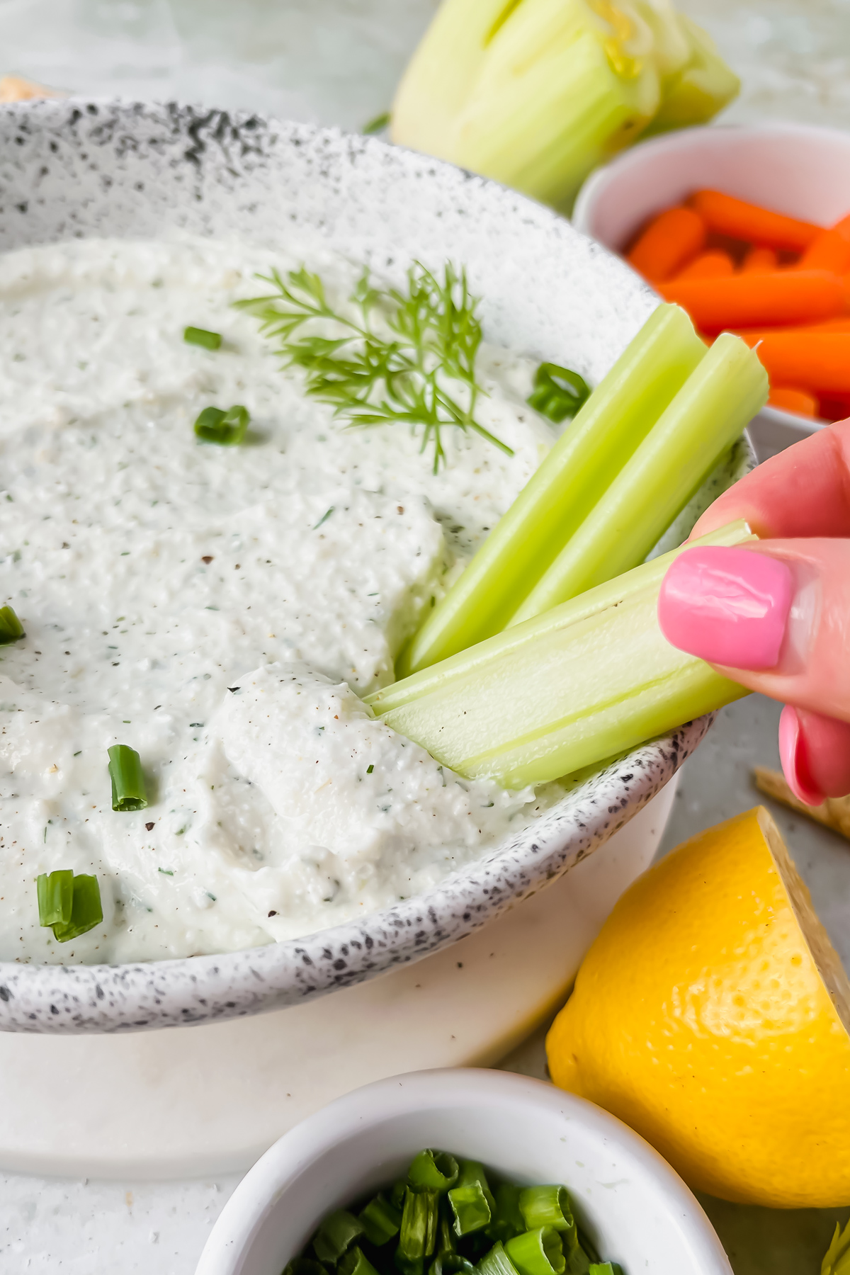 cottage cheese chip dip in speckled white bowl with celery stick dipped in.