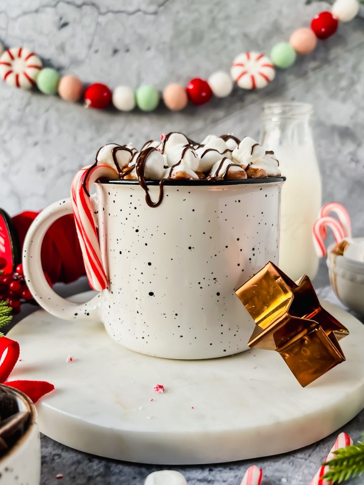 polar express hot chocolate in white speckled mug garnished with mini candy cane, mini marshmallows and drizzled with chocolate surrounded by holiday decor.
