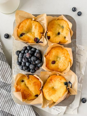 5 blueberry protein muffins baked in parchment liners in silver muffin tin with fresh blueberries filling one of the cups.