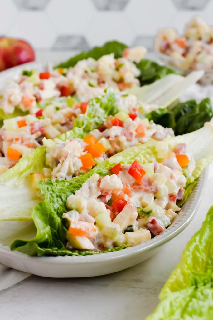 Four Rainbow Chicken Salad Lettuce Wraps on an oval serving tray.