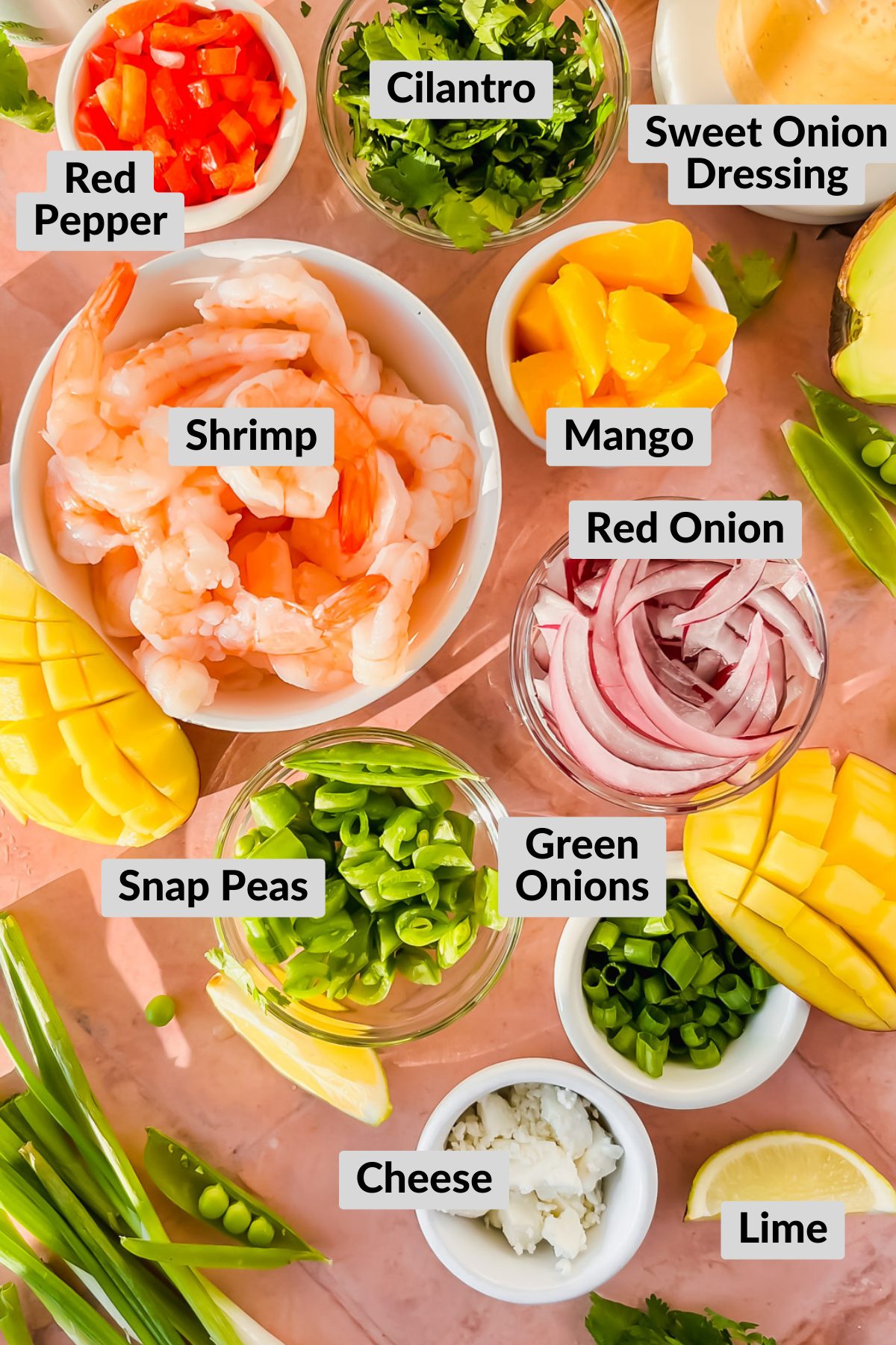 ingredients for shrimp and mango salad in individual bowls.
