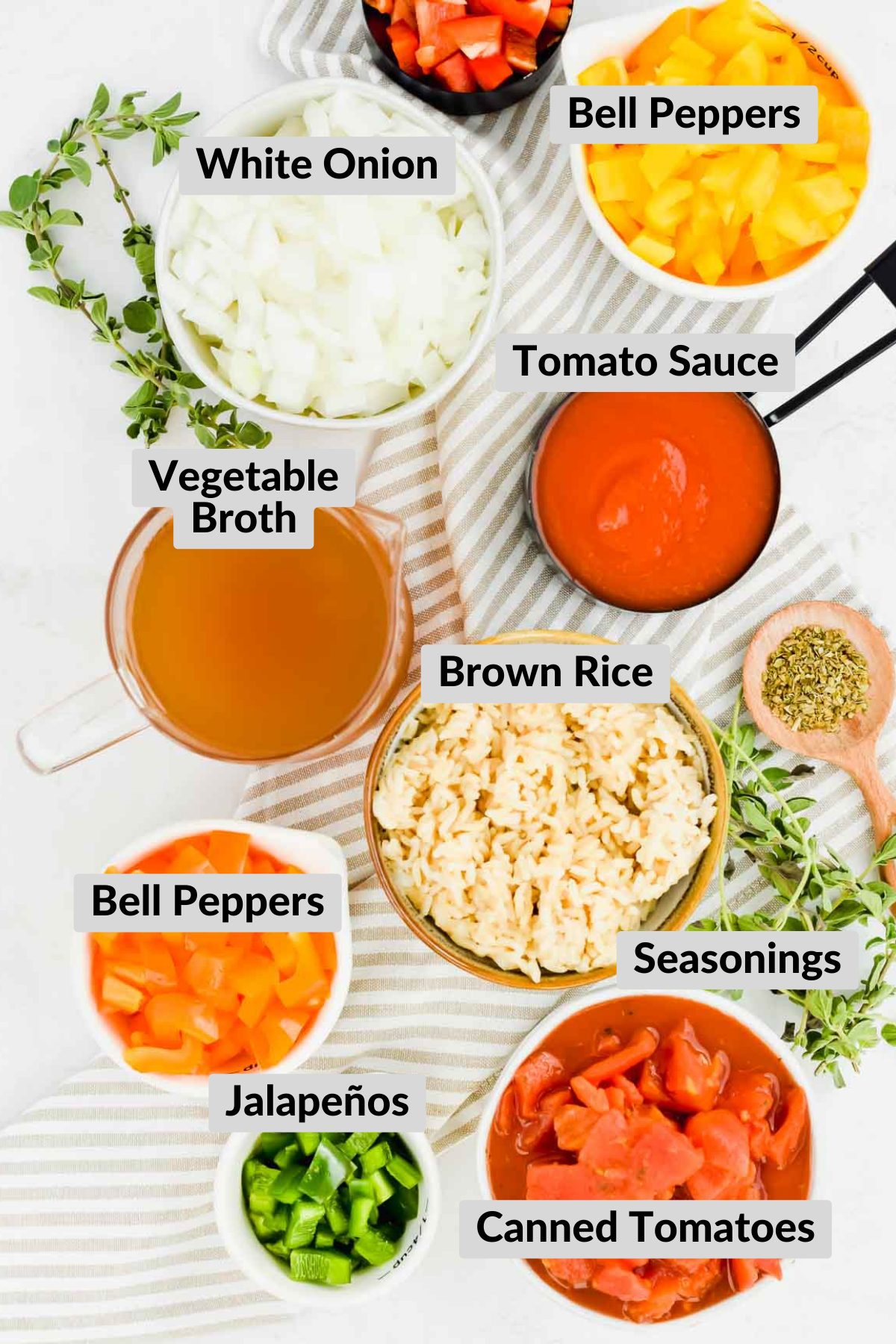 ingredients for vegetarian stuffed pepper soup in individual bowls.