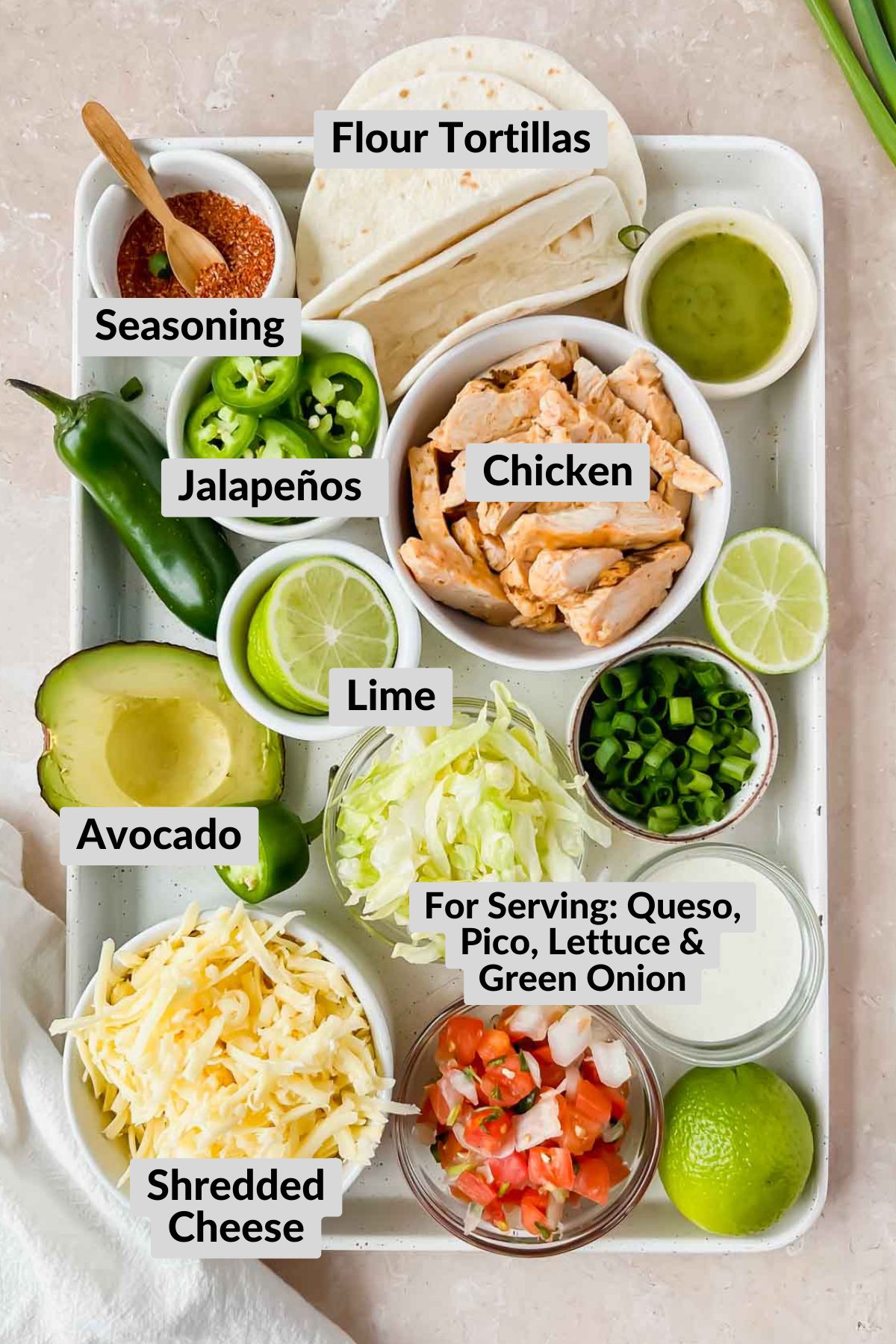 ingredients for MIni Quesadillas on white tray. 