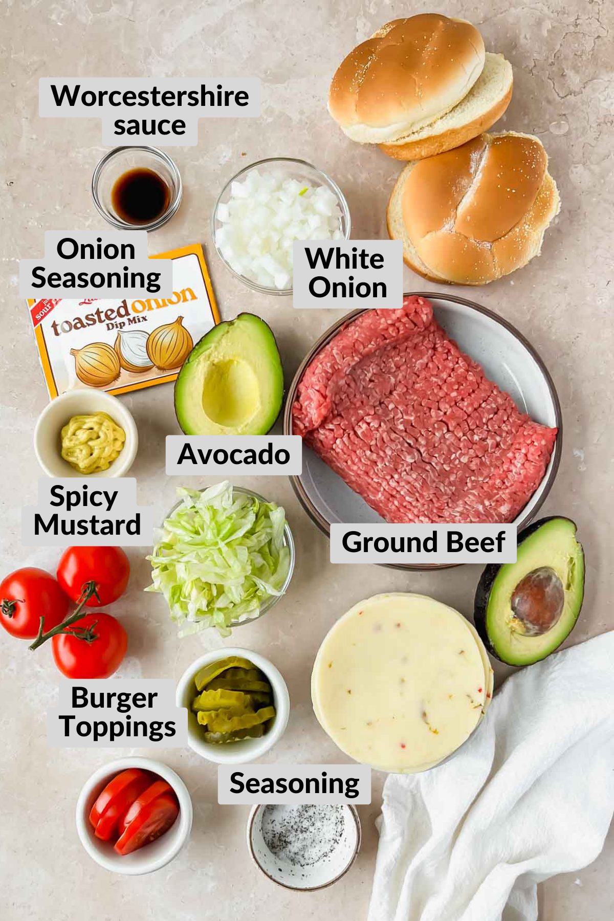 ingredients for california burger in individual bowls.