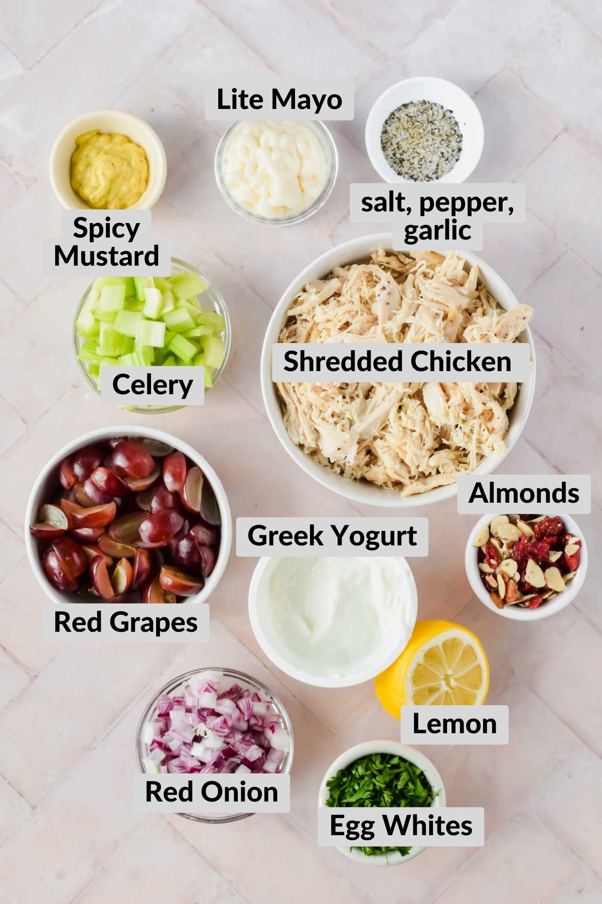 labeled ingredients for copycat panera bread chicken salad.