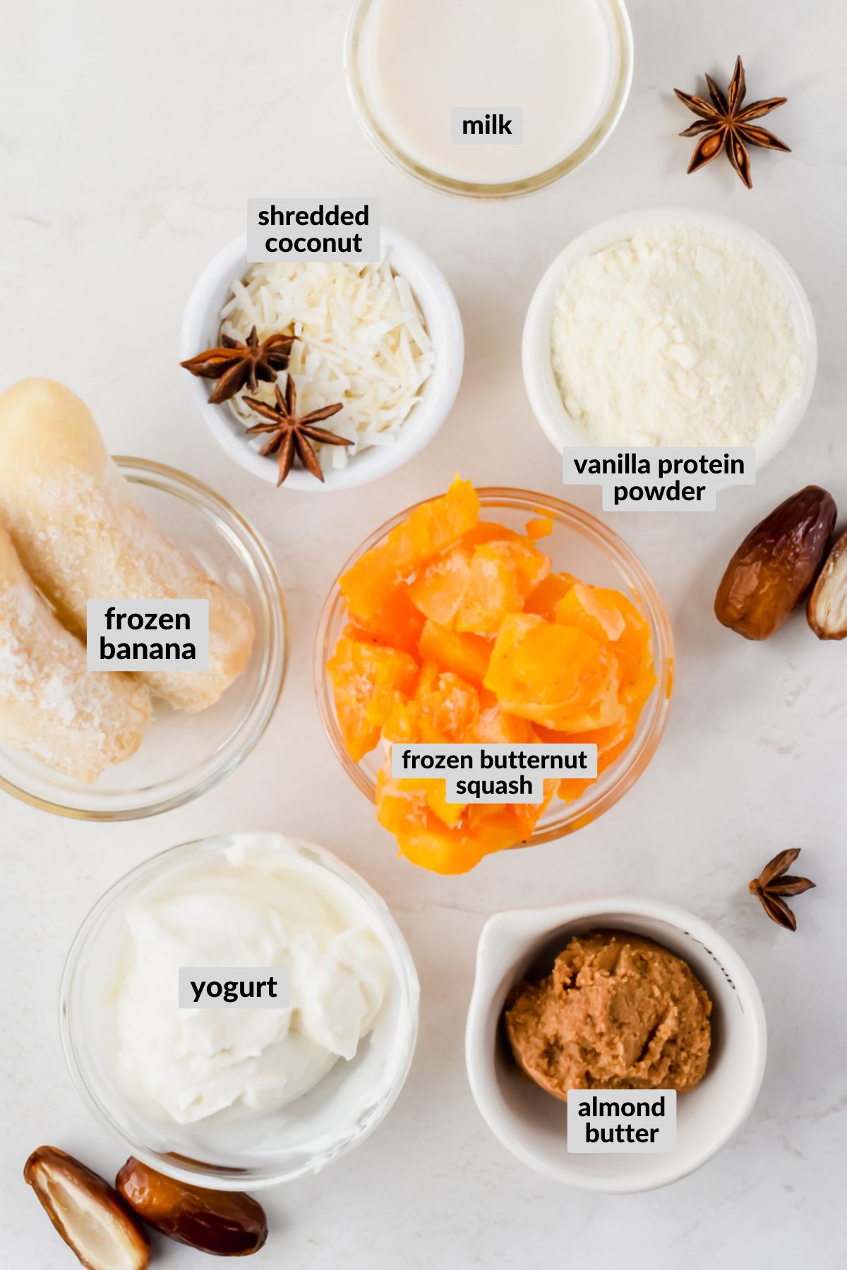ingredients for butternut squash smoothie in individual bowls.