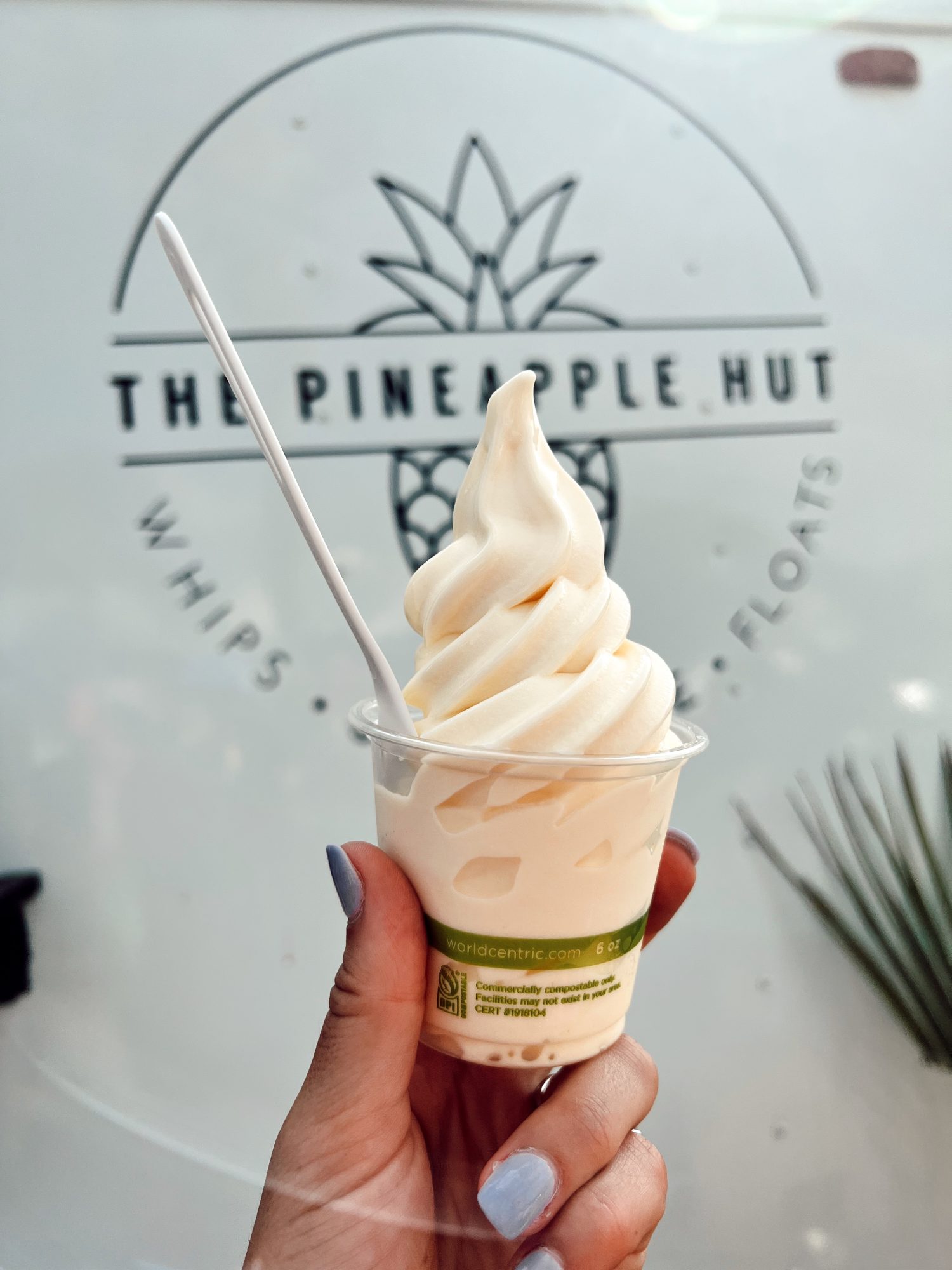 pineapple dole whip soft serve in a plastic cup. 