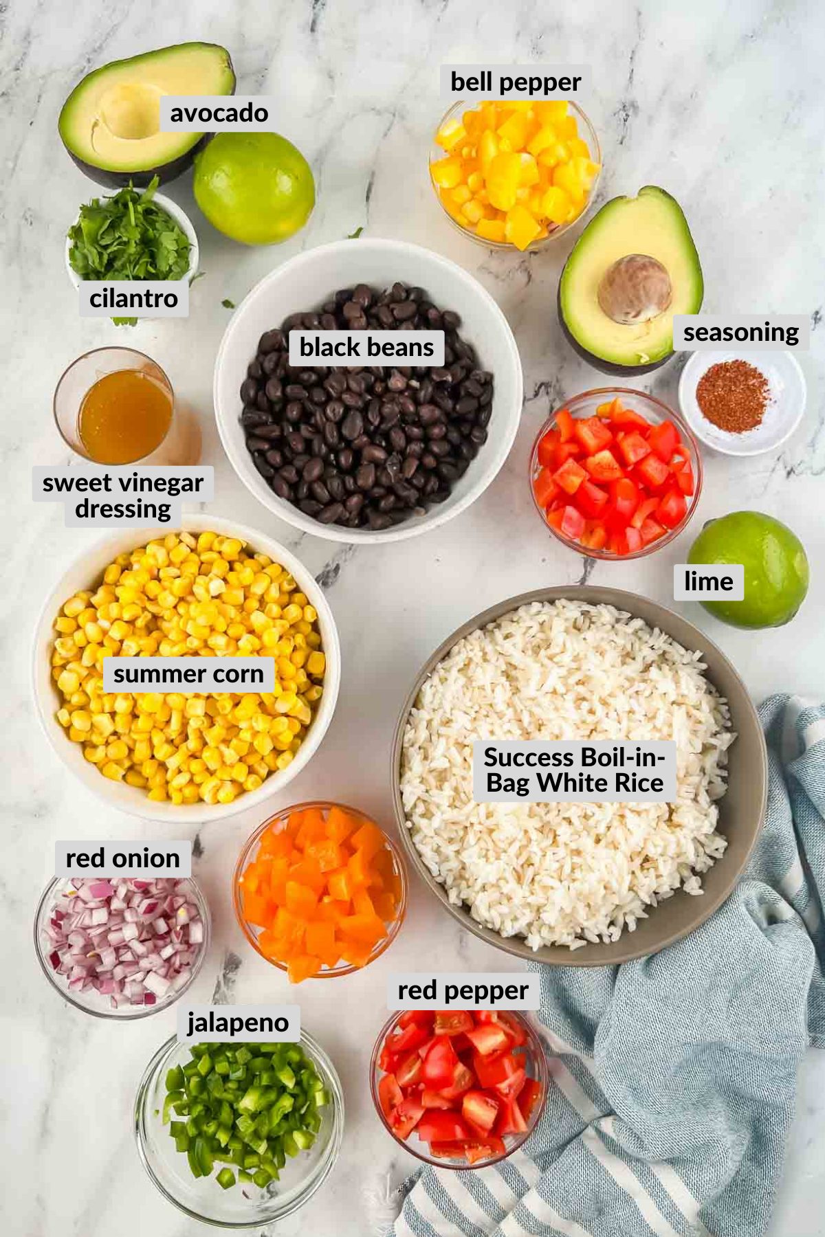 ingredients for fiesta rice in individual bowls.