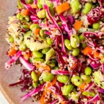 close up of quinoa edamame salad garnished with cabbage, carrots, edamame, and avocado.
