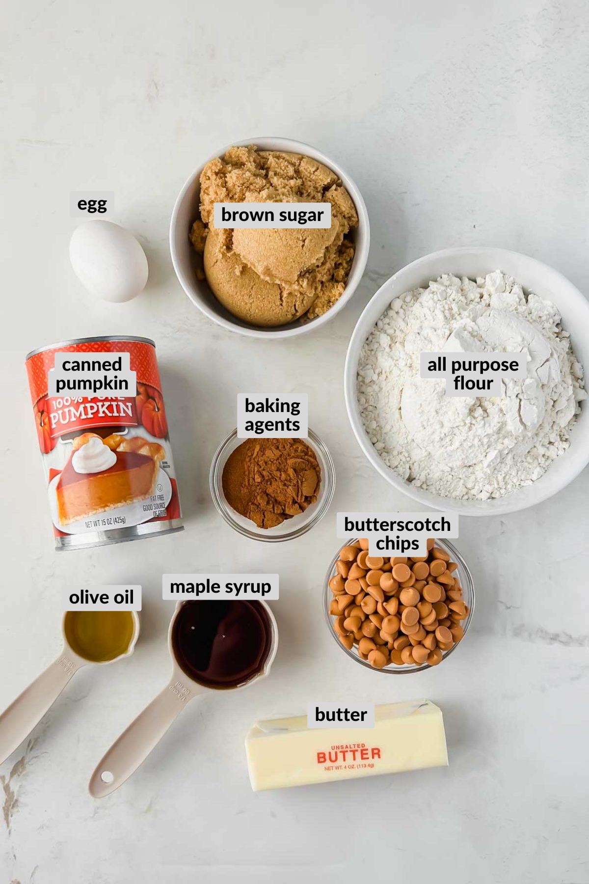 recipe ingredients for butterscotch pumpkin muffins. 