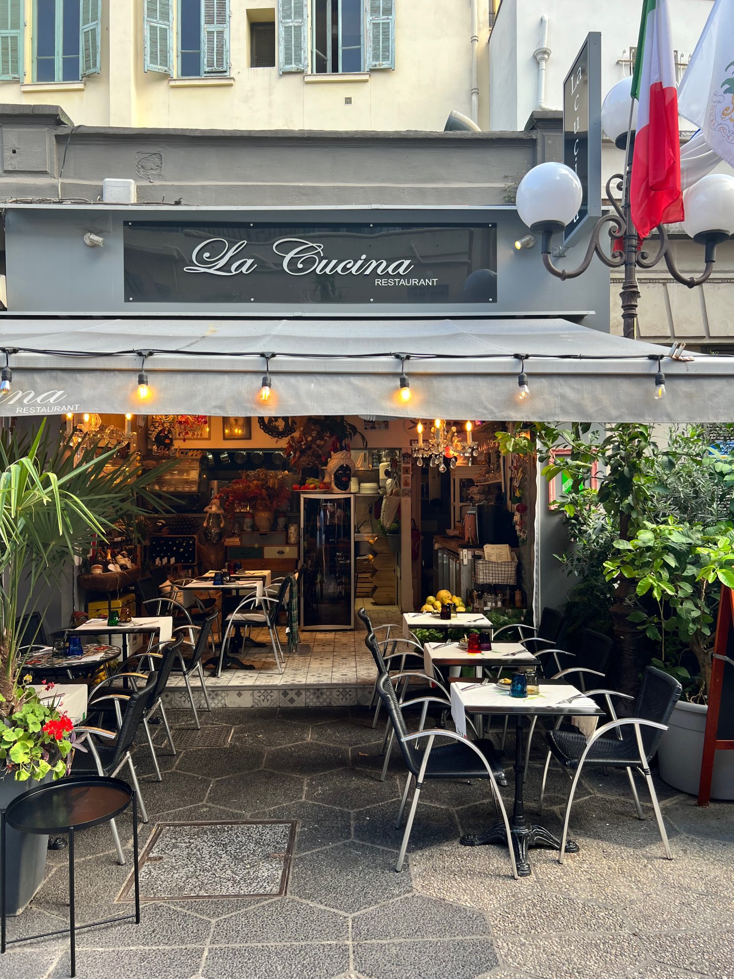 exterior storefront of La Cucina restaurant in Nice, France. 