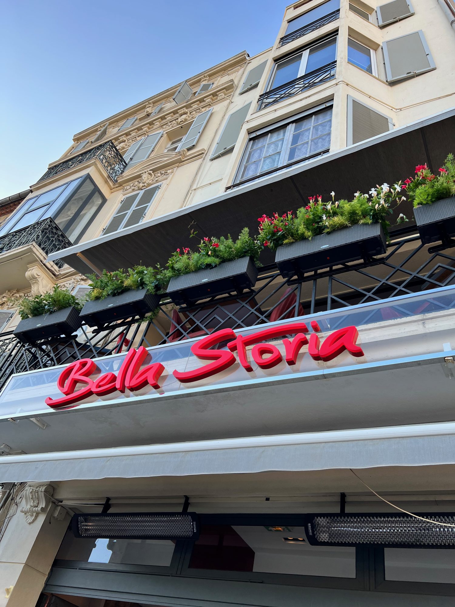 exterior of the Bella Storia restaurant in Cannes, France.