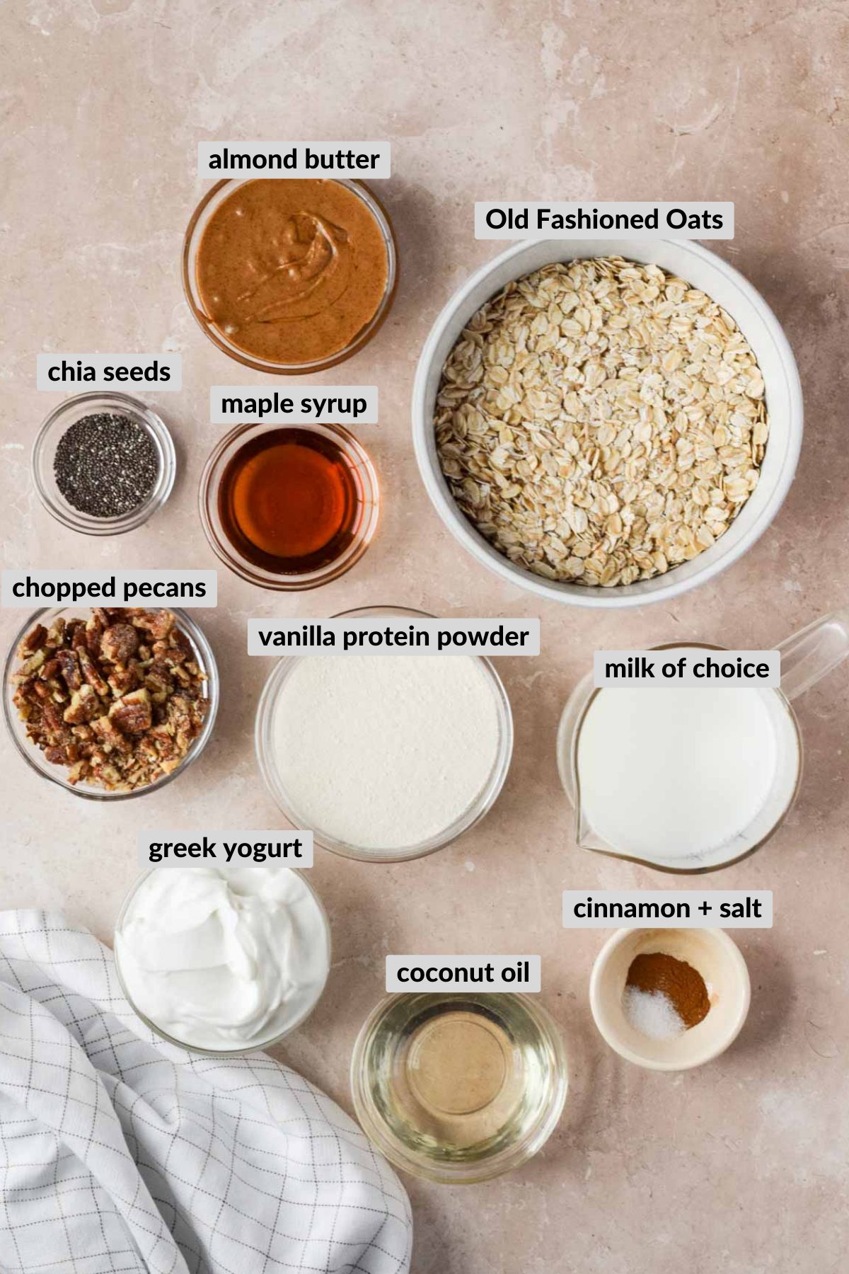 pecan pie overnight oat ingredients in individual bowls.