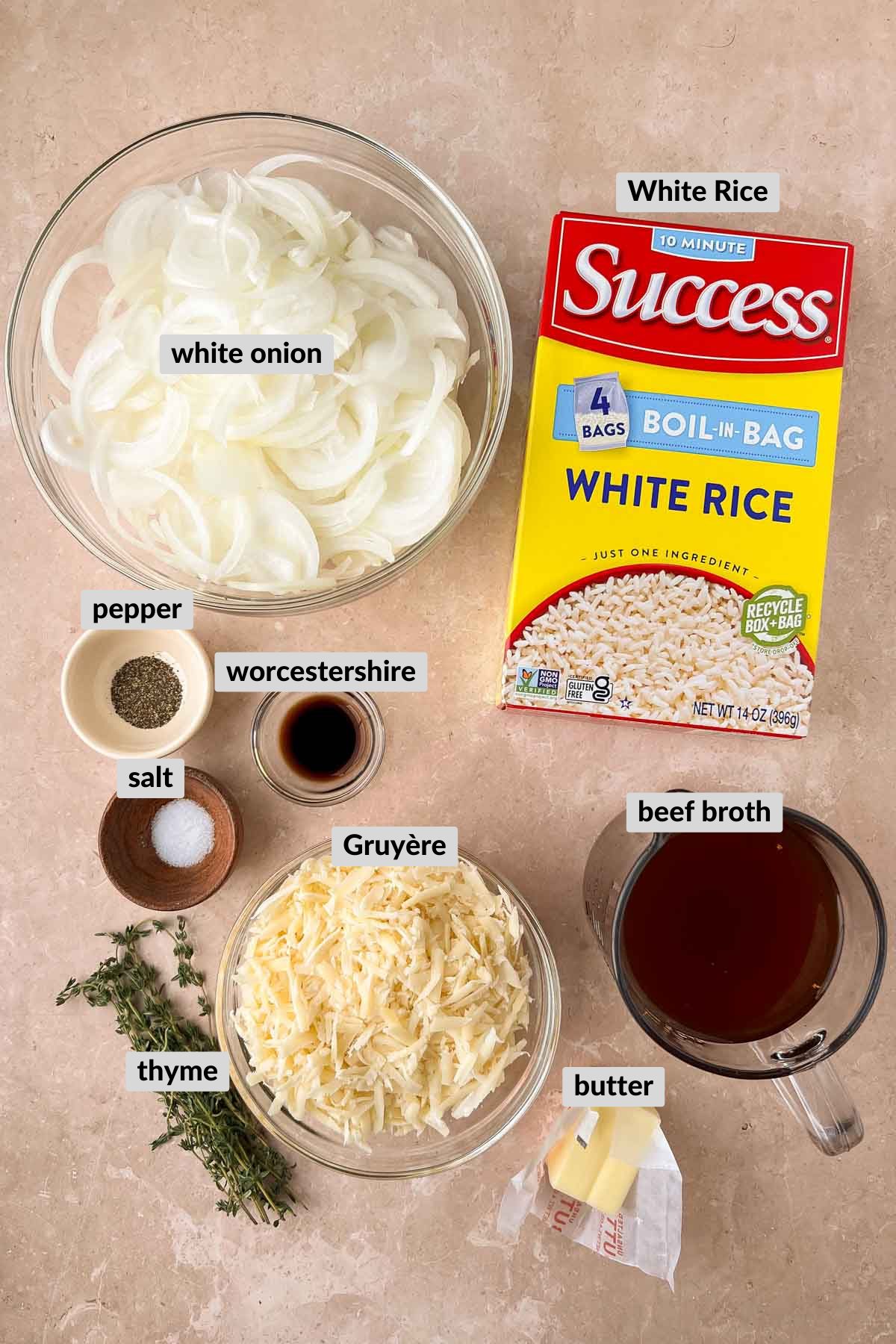 ingredients for French Onion Rice in individual bowls.