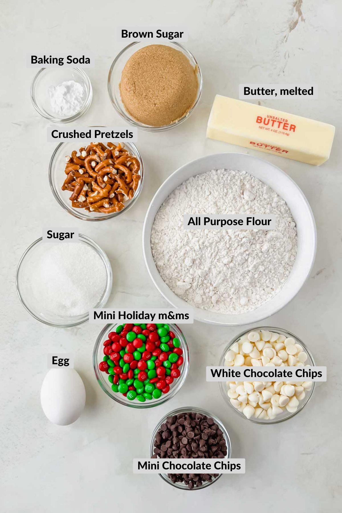 ingredients for baked kitchen sink christmas cookies on white background.