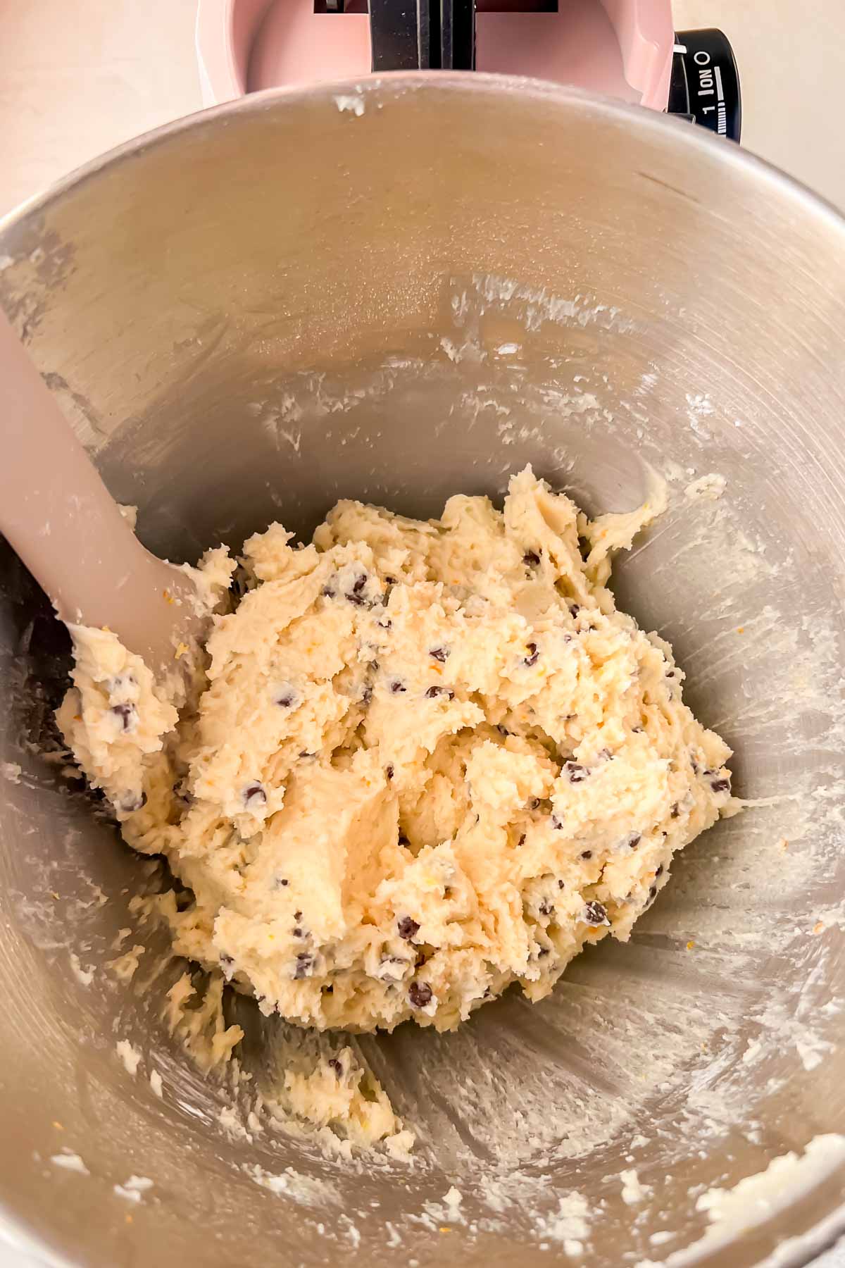 ricotta chocolate chip cookie dough in bowl of stand mixer.