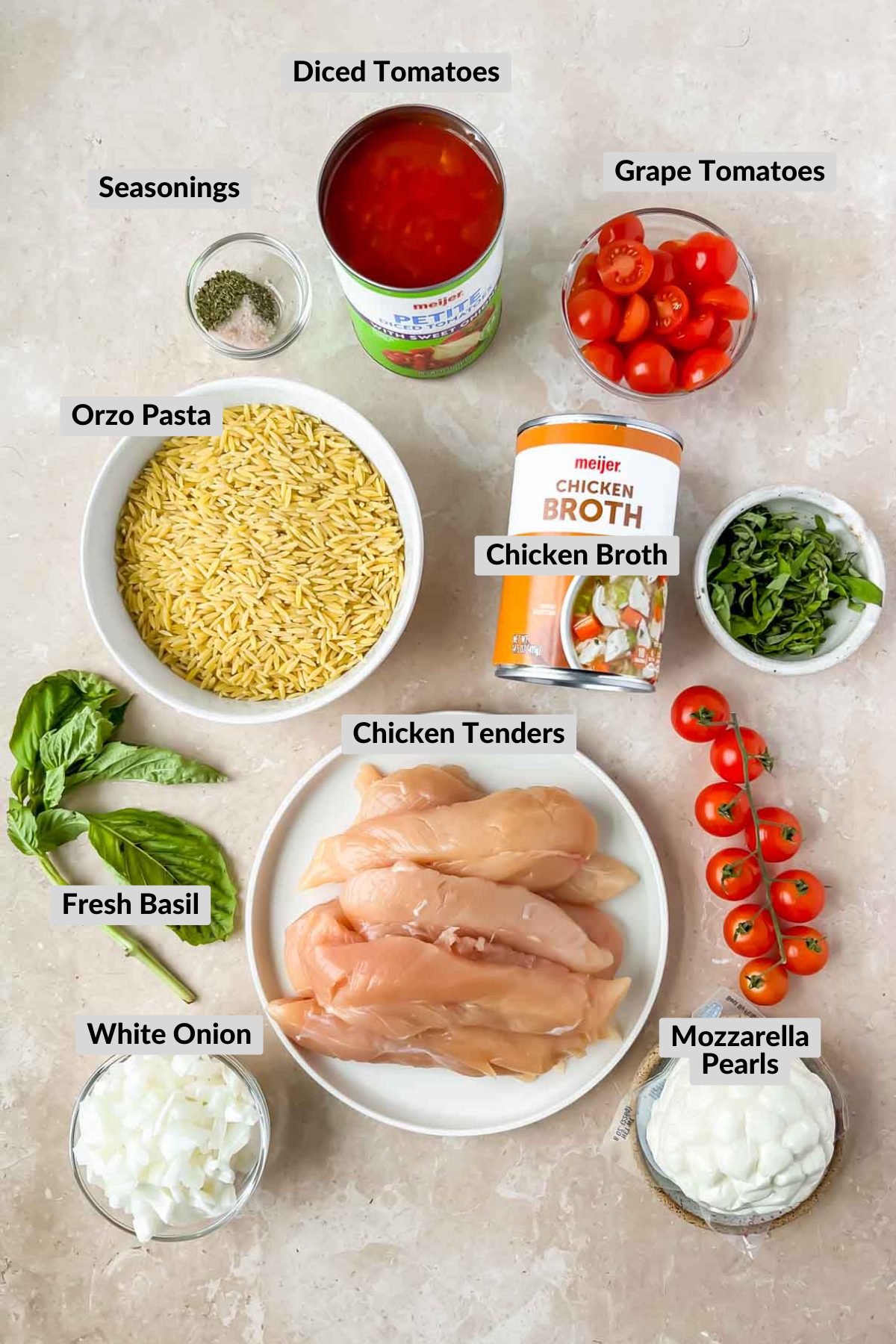 labeled ingredients for chicken orzo bake.