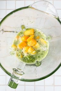 frozen mangoes, milk, vanilla protein powder, and spinach water all added to glass blender.