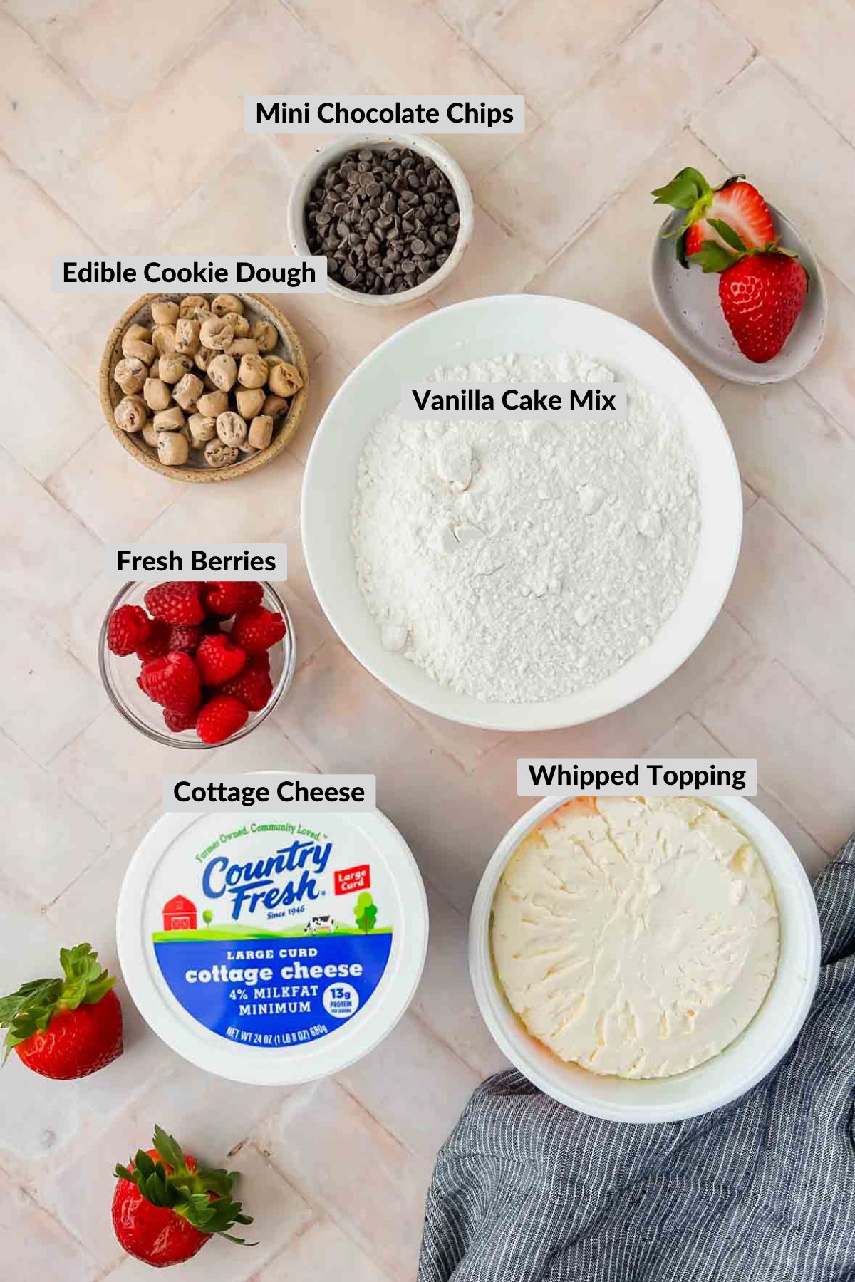 ingredients for cottage cheese cookie dough dip in individual bowls.