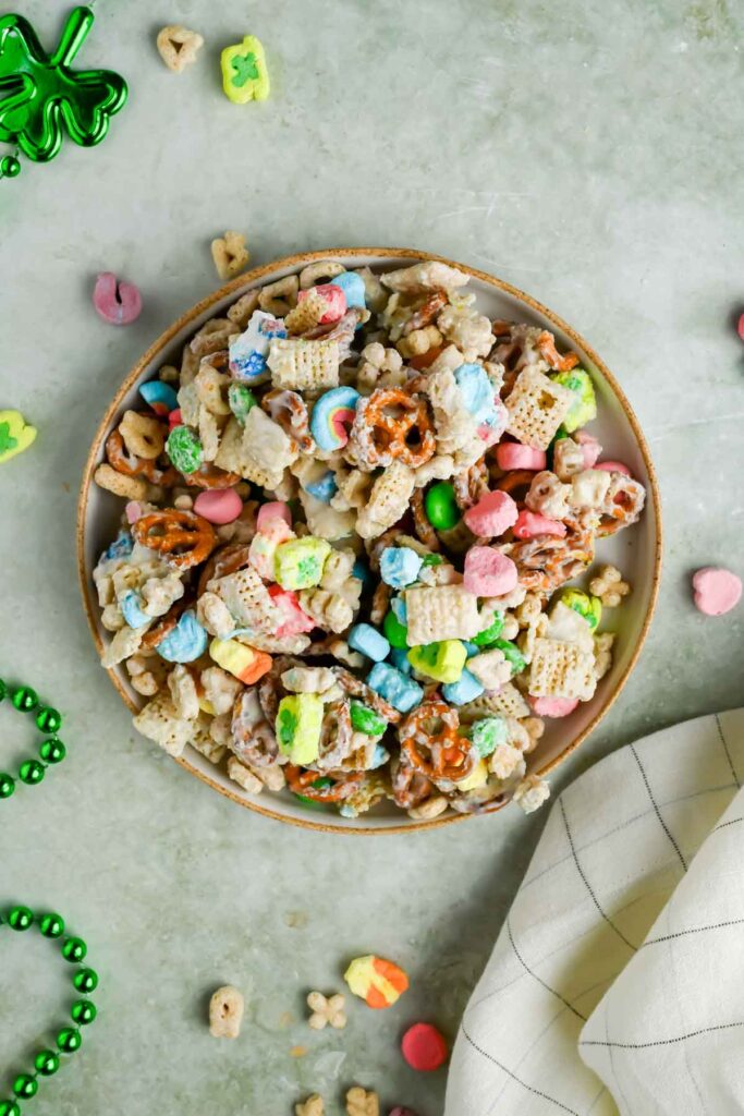 plate filled with leprechaun bait with extra lucky charm marshmallows.
