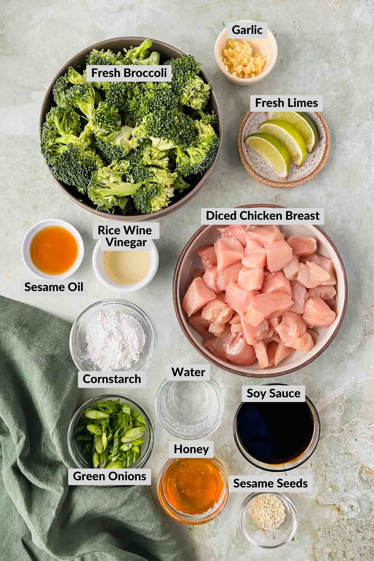 ingredients for teriyaki chicken and broccoli in individual bowls.